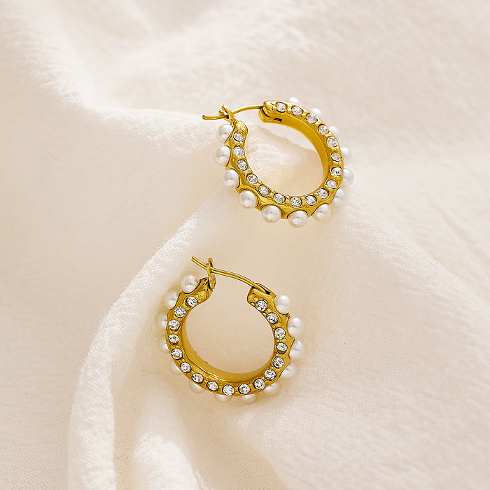 Pendientes chapados en oro con perlas de diamantes de imitación de acero inoxidable con incrustaciones redondas Retro de 1 pieza