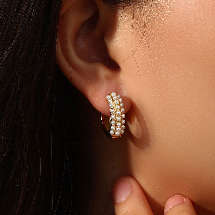 Boucles d'oreilles rondes en acier inoxydable, incrustation de placage de perles, boucles d'oreilles en acier inoxydable