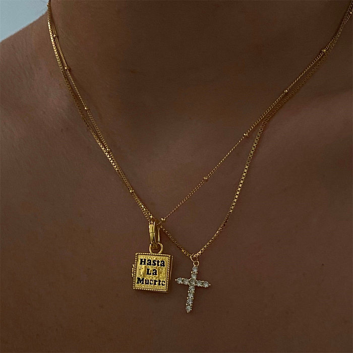 Schlichter Stil Kreuz-Anhänger-Halskette mit Edelstahl-Beschichtung, Intarsien, Zirkon, 18 Karat vergoldet