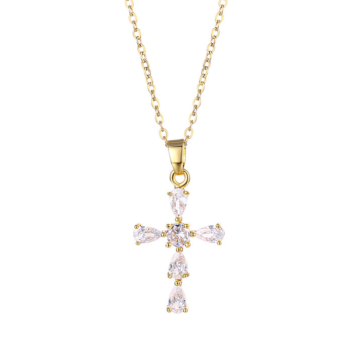 Modern Style Cross Stainless Steel  Stainless Steel Plating Inlay Zircon 18K Gold Plated Gold Plated Pendant Necklace