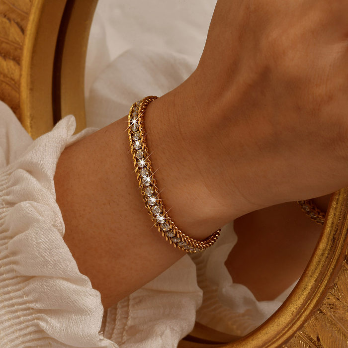 French Style Modern Style Solid Color Stainless Steel Plating Inlay Zircon 18K Gold Plated Bracelets