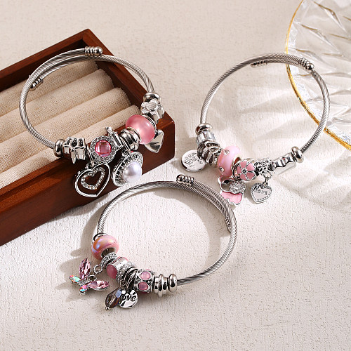 Brazalete elegante y bonito con forma de corazón, mariposa, elefante, aleación de acero inoxidable, con incrustaciones de perlas artificiales y diamantes de imitación