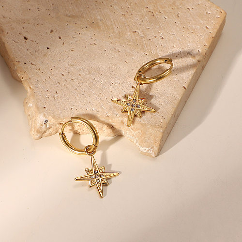 Creative Stainless Steel 14K Gold Eight-pointed Star Inlaid Five Zircon Pendant Earrings