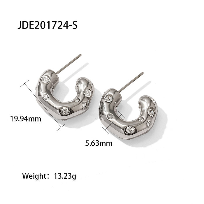 Simple Style C Shape Stainless Steel  Inlaid Zircon Hoop Earrings 1 Pair