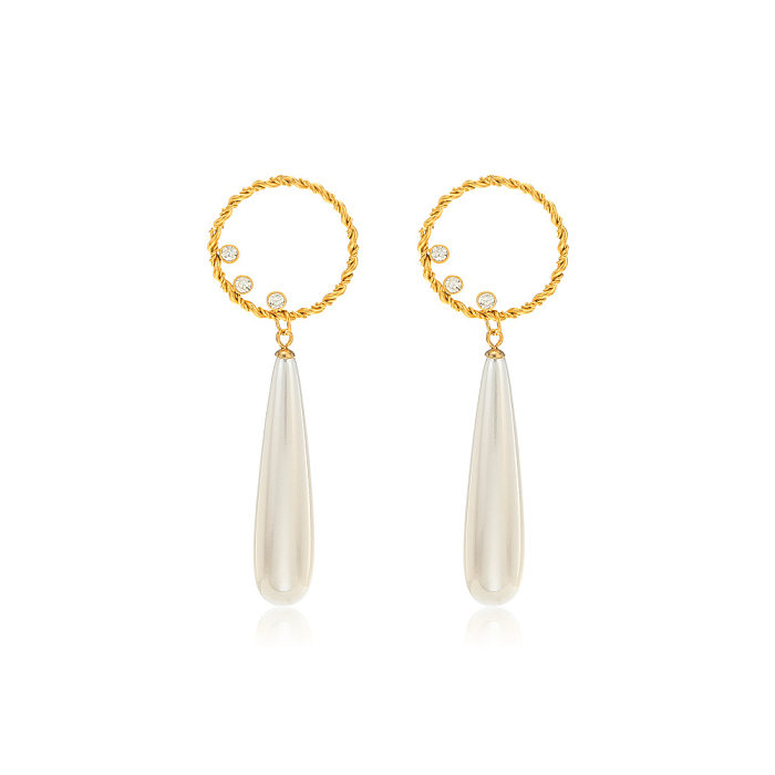 Elegant Round Stainless Steel  Inlay Artificial Pearls Rhinestones Drop Earrings 1 Pair