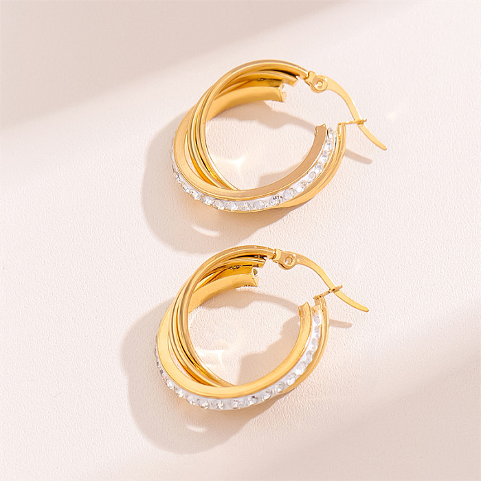1 Pair Retro Simple Style C Shape Round Plating Inlay Stainless Steel  Rhinestones 18K Gold Plated Hoop Earrings
