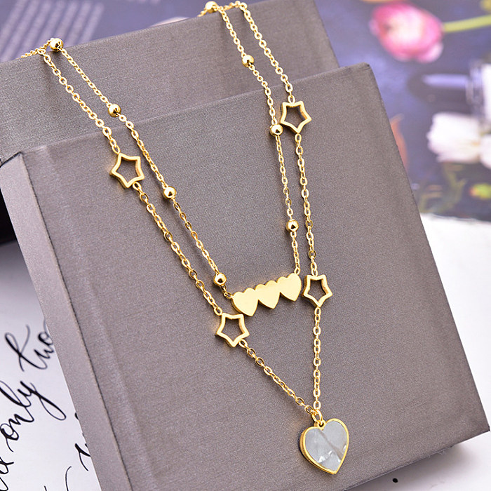 Luxurious Pentagram Heart Shape Stainless Steel Plating Inlay Shell 18K Gold Plated Pendant Necklace