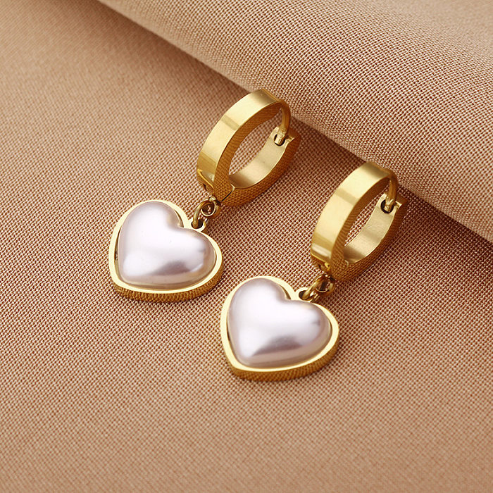 Fashion Heart Shape Stainless Steel Plating Inlay Pearl Drop Earrings 1 Pair