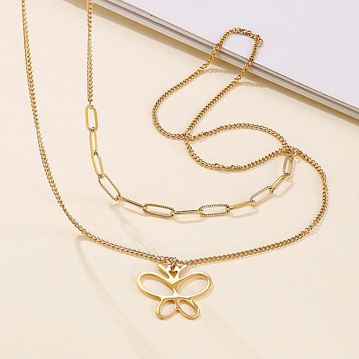Simple Design Double Layer Butterfly Pendant Stainless Steel Necklace