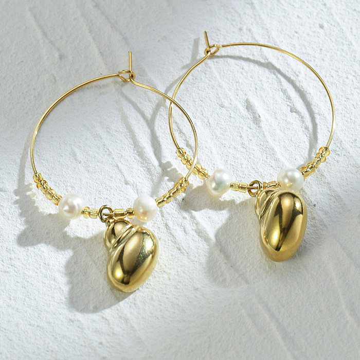 1 paire de boucles d'oreilles plaquées perles en acier inoxydable, coquillage de plage