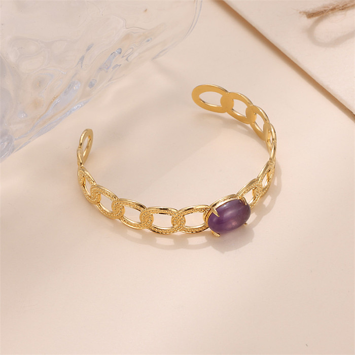 Lady Solid Color Stainless Steel Plating Inlay Natural Stone Gold Plated Bangle