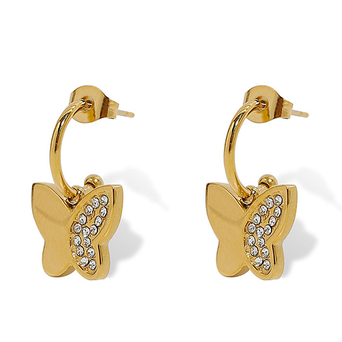 1 paire de boucles d'oreilles pendantes plaquées or 18 carats avec incrustation de papillon de style français de style IG en acier inoxydable et zircon