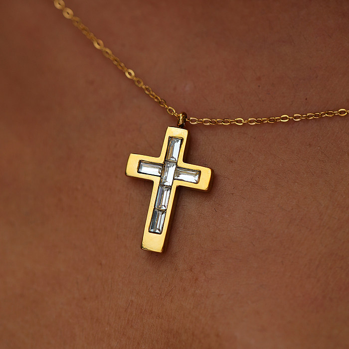 IG Style Lässige Halskette mit Kreuz-Anhänger, Edelstahl-Beschichtung, Inlay, Strasssteinen, Glas, 18 Karat vergoldet