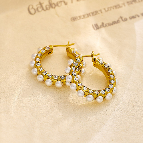 Pendientes chapados en oro con perlas de diamantes de imitación de acero inoxidable con incrustaciones redondas Retro de 1 pieza