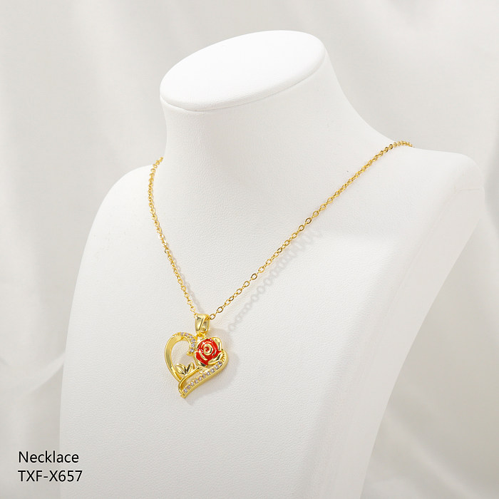 Romantic Sweet Heart Shape Rose Stainless Steel  Plating Inlay Rhinestones Pearl Zircon Pendant Necklace