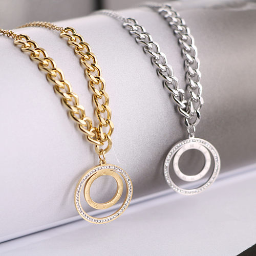 Wholesale Modern Style Simple Style Double Ring Letter Stainless Steel Zircon Pendant Necklace