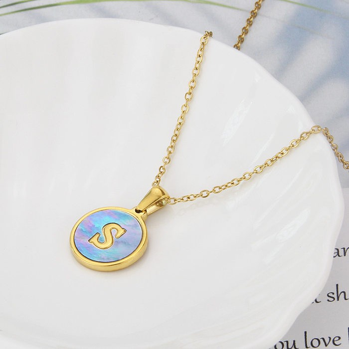 Simple Style Round Blue Shell 26 English Letter Stainless Steel Pendant Necklace