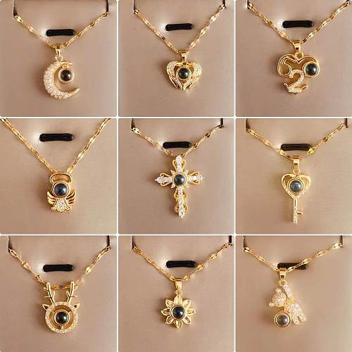 Retro Lady Cross Moon Heart Shape Stainless Steel Artificial Gemstones Zircon Pendant Necklace In Bulk