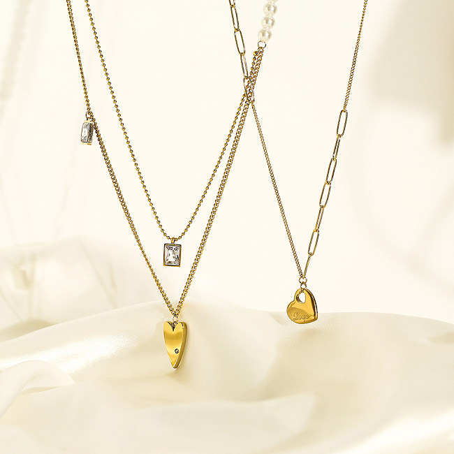 Basic Simple Style Streetwear Geometrische Herzform Edelstahlüberzug Inlay Zirkon 18K vergoldet Anhänger Halskette