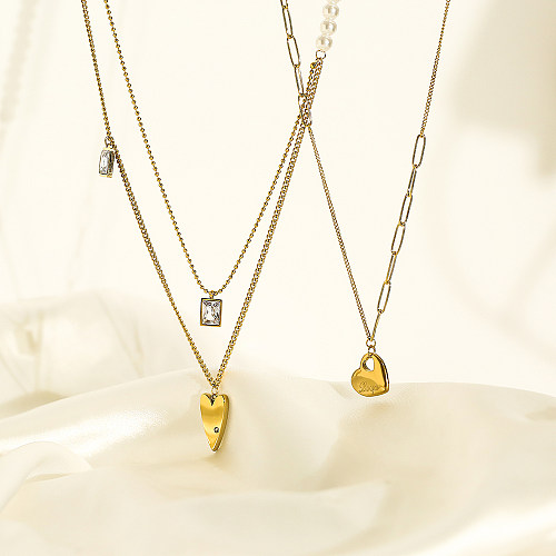 Estilo básico simples streetwear geométrico coração forma chapeamento de aço inoxidável incrustação zircão 18k banhado a ouro pingente colar