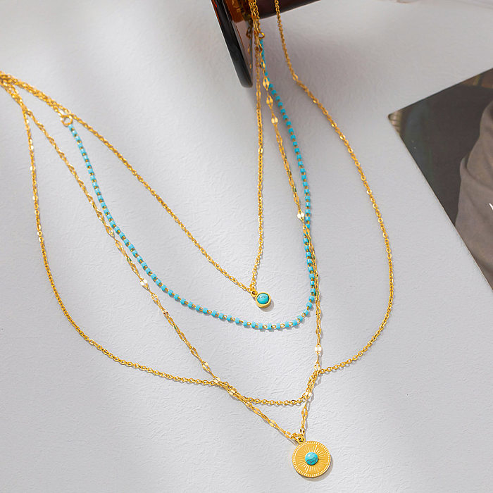 Lässige, geschichtete Halsketten mit Edelstahl-Beschichtung und türkisfarbener Einlage