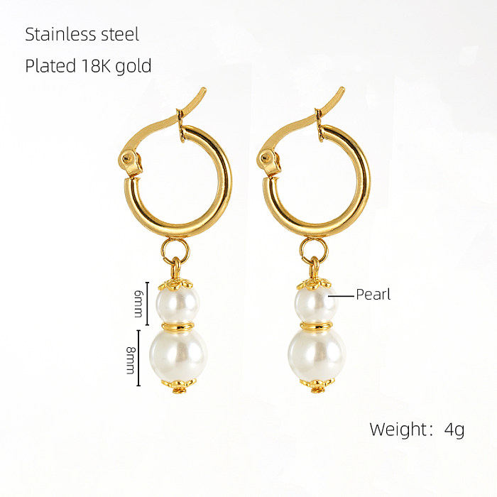 1 Pair Elegant Classical Round Pearl Plating Stainless Steel  18K Gold Plated Drop Earrings