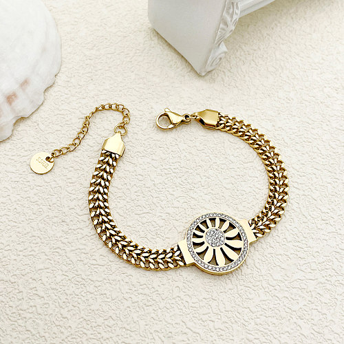 Elegante estilo vintage doce flor chapeamento de aço inoxidável inlay zircão pulseiras banhadas a ouro