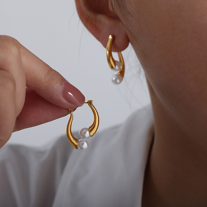 1 Paar elegante Ohrringe im Barockstil mit einfarbiger Beschichtung und Nachahmung von Perlen aus Edelstahl mit 18-Karat-Vergoldung