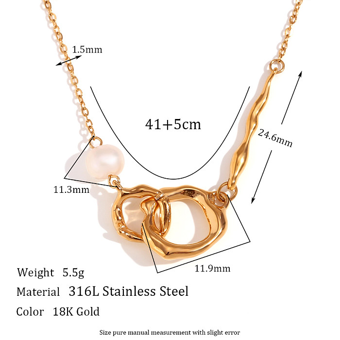 Schlichter Stil, klassischer Stil, Doppelring, Perle, Edelstahl-Beschichtung, 18 Karat vergoldete Halskette