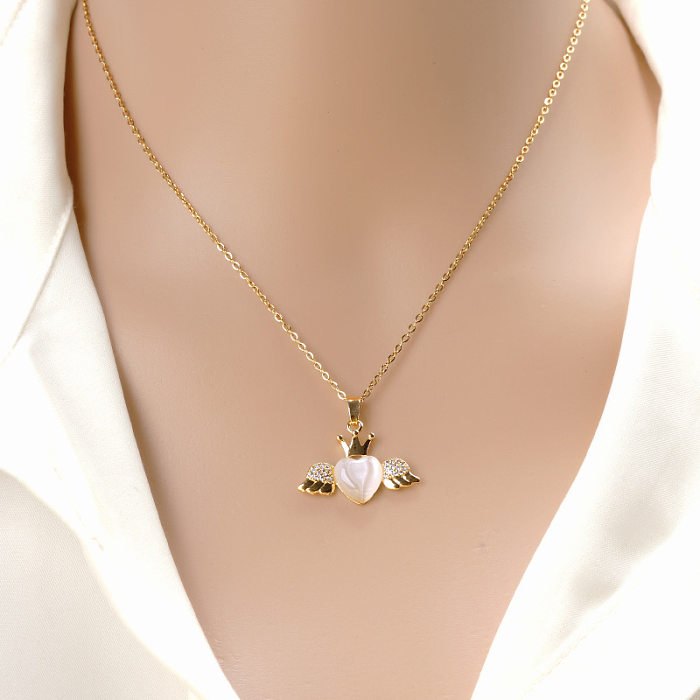 Collar de ópalo con diamantes de imitación y incrustaciones de acero inoxidable con alas en forma de corazón a la moda, 1 pieza