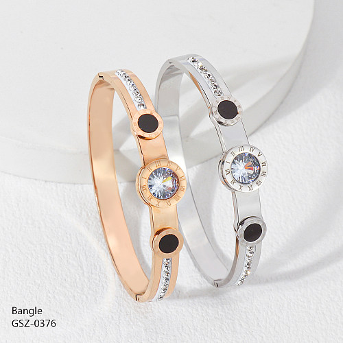 Simple Style Round Roman Numeral Stainless Steel Plating Inlay Rhinestones Shell Zircon Rose Gold Plated Gold Plated Silver Plated Bangle