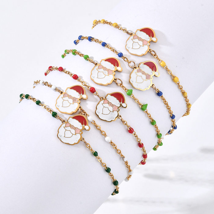 Atacado estilo desenho animado fofo Papai Noel pulseiras banhadas a ouro com revestimento esmaltado de aço inoxidável