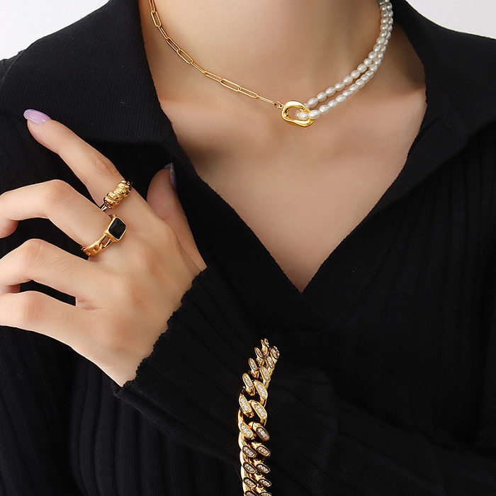 Collier de couture de perles d'eau douce de luxe léger, collier en or véritable 18 carats en acier inoxydable