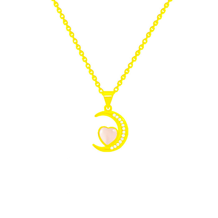 IG Style Mond-Herz-Form-Anhänger-Halskette mit Edelstahl-Beschichtung, Inlay, Zirkon, vergoldet