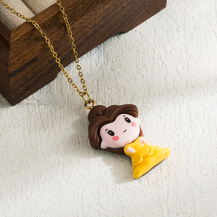 Prinzessin süße süße Cartoon-Figur Edelstahl Polymer Clay 18K vergoldet Anhänger Halskette in großen Mengen