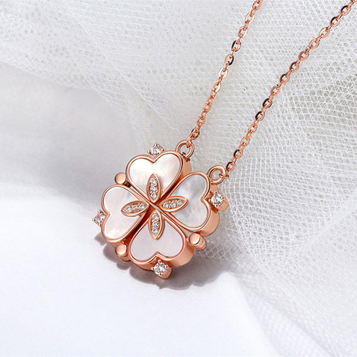 Sweet Pastoral Four Leaf Clover Stainless Steel Inlay Zircon Charms Pendant Necklace
