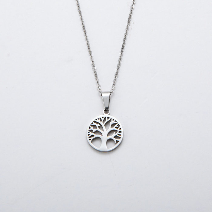 Collier avec pendentif en forme d'arbre rond à la mode, plaqué en acier inoxydable, 1 pièce