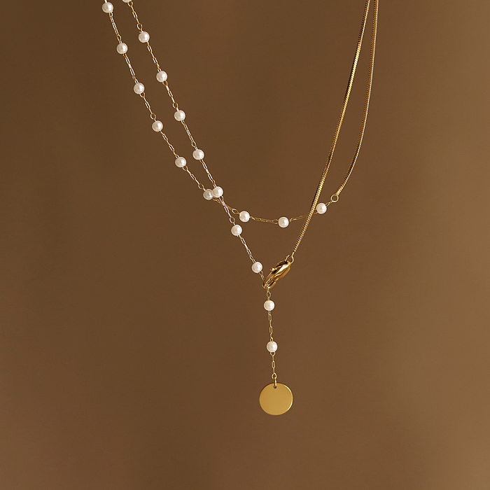 Lange Halskette mit süßer Commute-Perle im Vintage-Stil, Edelstahlbeschichtung und 18-Karat-Vergoldung