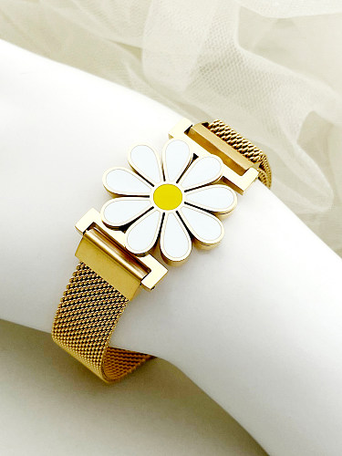 Senhora estilo coreano flor esmalte de aço inoxidável chapeamento pulseiras banhadas a ouro 14K