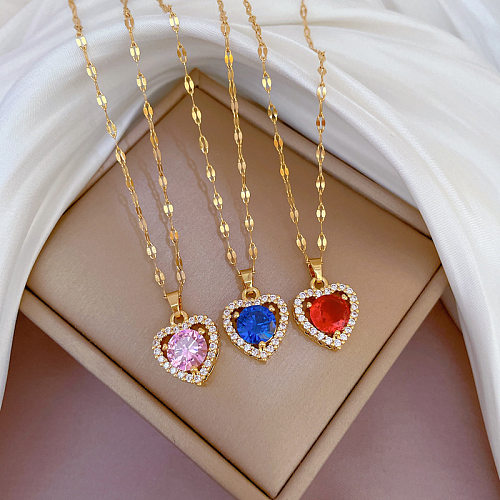 Fashion Heart Shape Stainless Steel Copper Plating Hollow Out Inlay Zircon Pendant Necklace