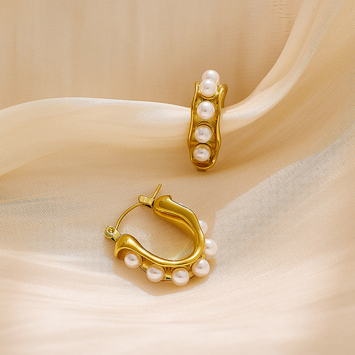 Boucles d'oreilles élégantes en forme de U, Style IG, incrustation de placage en acier inoxydable, perles, 1 pièce