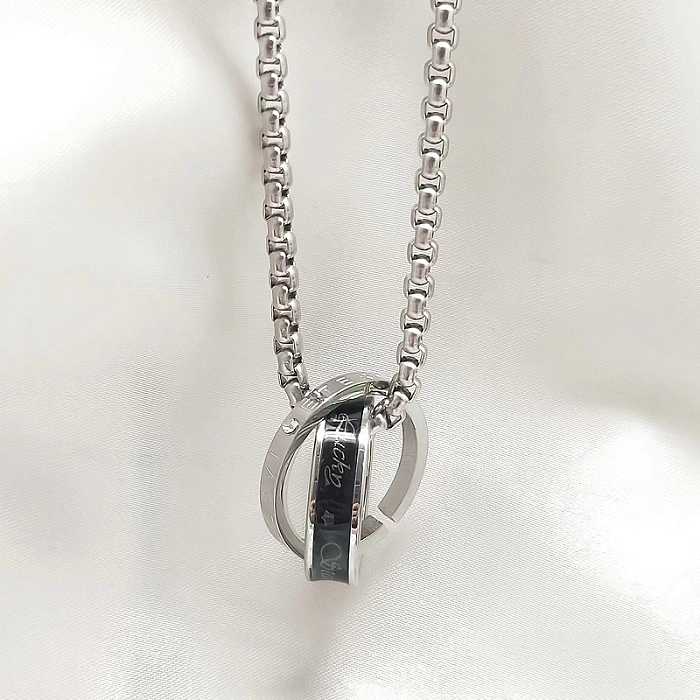 Hip-hop exagerado estilo simples anel duplo chapeamento de aço inoxidável incrustação zircão colar pingente banhado a prata
