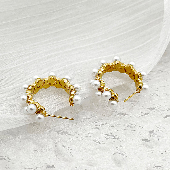 1 Pair Elegant Round Plating Inlay Stainless Steel  Artificial Pearls Gold Plated Ear Studs