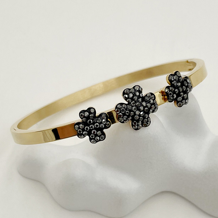 Elegant Retro Leaf Four Leaf Clover Infinity Stainless Steel Plating Inlay Rhinestones Gold Plated Bangle