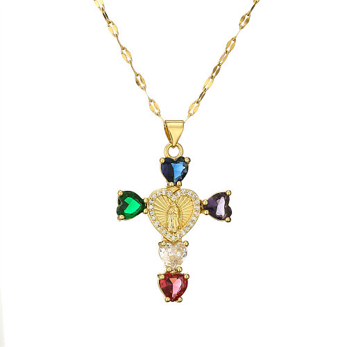 Simple Style Commute Human Cross Heart Shape Stainless Steel  Copper Plating Inlay Zircon Gold Plated Pendant Necklace