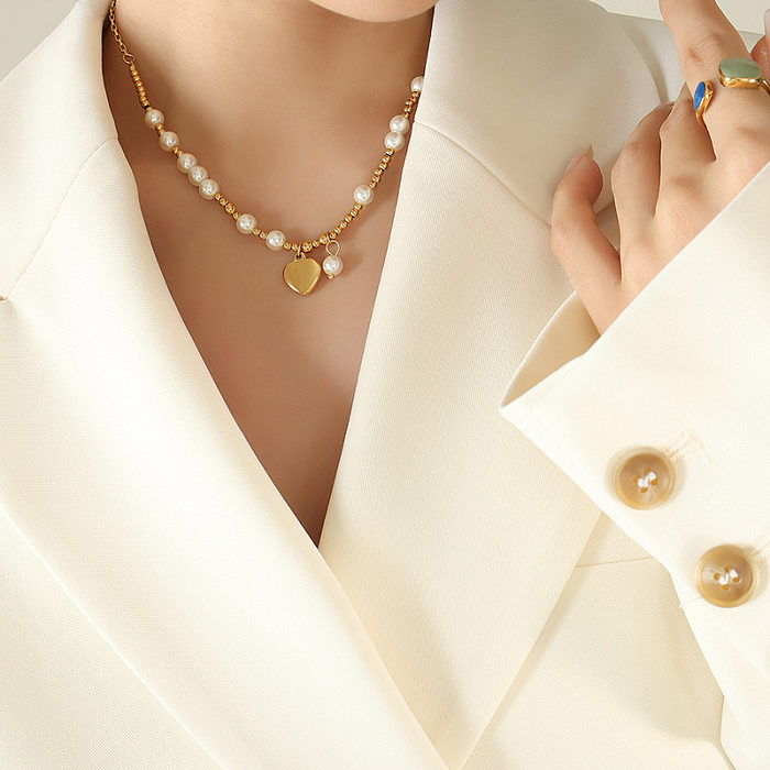 Collier avec pendentif en perles en acier inoxydable en forme de cœur de style simple, 1 pièce