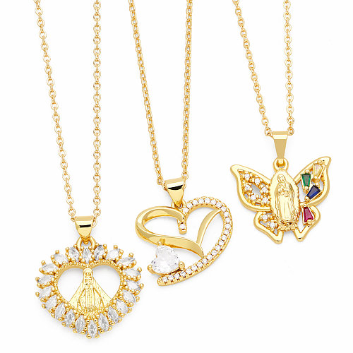 Modern Style Faith Heart Shape Butterfly Stainless Steel  Copper Plating Inlay Zircon 18K Gold Plated Pendant Necklace