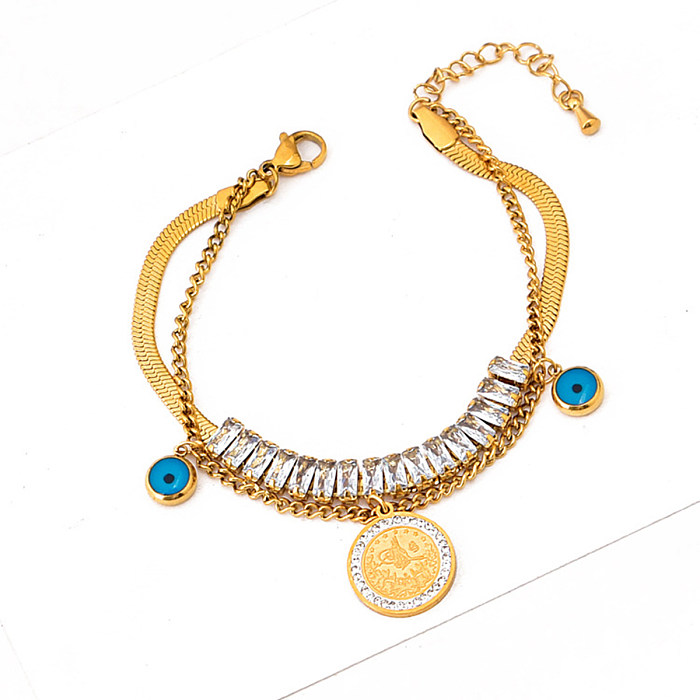 Retro Eye Titanium Steel Plating Inlay Turquoise Zircon 18K Gold Plated Bracelets