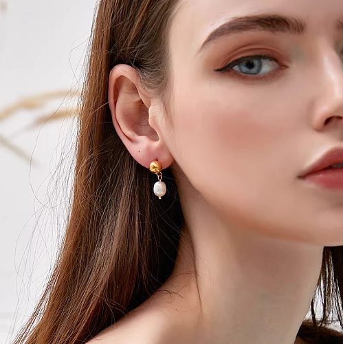 1 paire de boucles d'oreilles pendantes en acier inoxydable plaqué or, Style Simple, Style classique, couleur unie