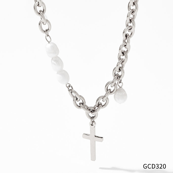 Baroque Style Cross Heart Shape Stainless Steel  Pearl Necklace 1 Piece